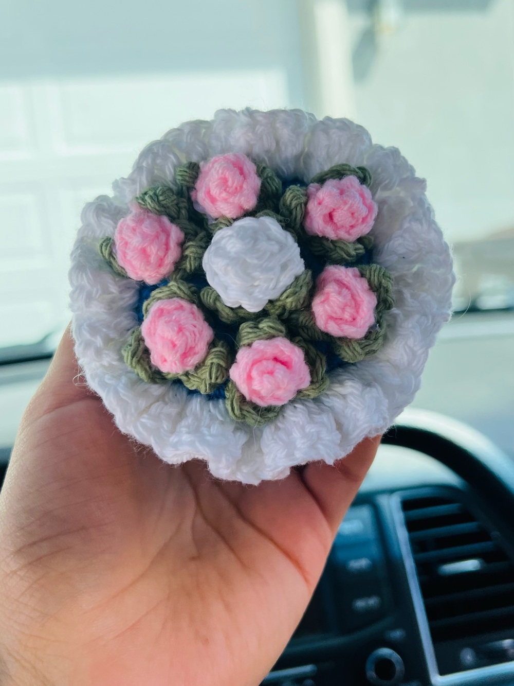Handmade Crochet Floral Key/ Card Holder - White & Pink